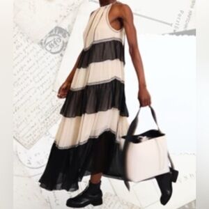 White and Black and beige Striped Maxi Dress color block tiered cotton and rayon